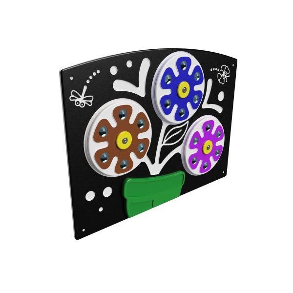 Children’s outdoor play panel with three colourful spinning flower wheels
